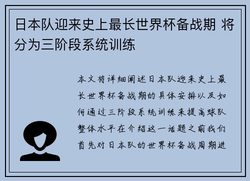 日本队迎来史上最长世界杯备战期 将分为三阶段系统训练
