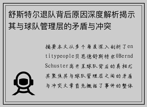 舒斯特尔退队背后原因深度解析揭示其与球队管理层的矛盾与冲突